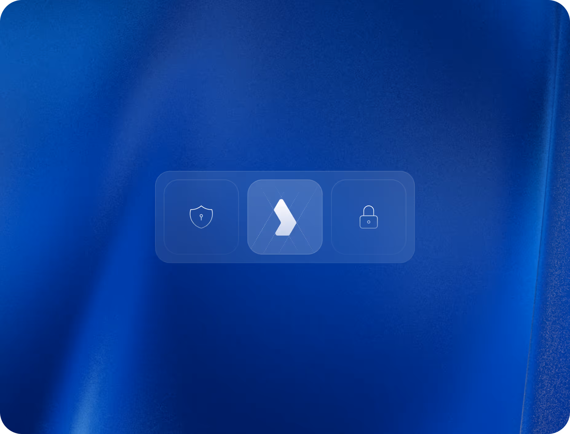 Three icon buttons on a blue background: a shield, a central logo, and a padlock.